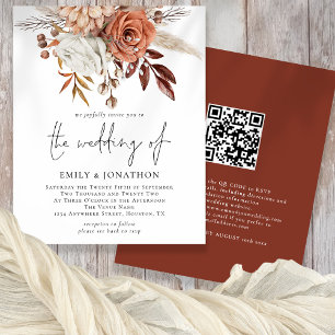 Budget Rustic Terracotta Blommigts QR-koden Bröllo Flygblad