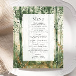 Budget Rustic Watercolor Woodland Bröllop Menu<br><div class="desc">Den här bröllop-menyn har en bakgrund av skogarnas regnvattenfärg i skuggor av grönt och guld. Anpassadets grått-text för kol visas på ett rektangulärt vitt skärm. Skogsscenen upprepas på baksidan av kortet.</div>