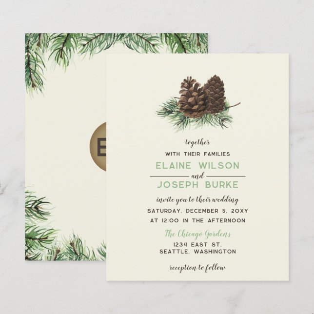 Budget Rustic Winter Gräs Cone Wedding bjudande (Fram/baksida)