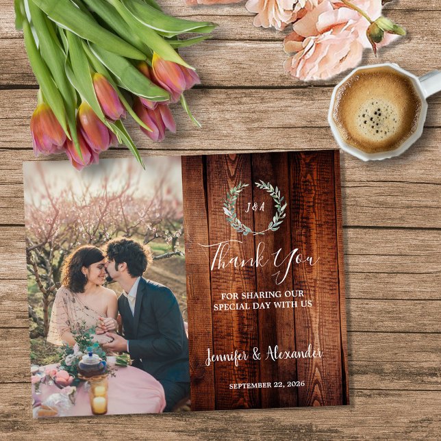 Budget rustic wood photo Thank you wedding Flygblad (Budget rustic wood photo Thank you wedding Flyer, You can add your own photo to personalize.)