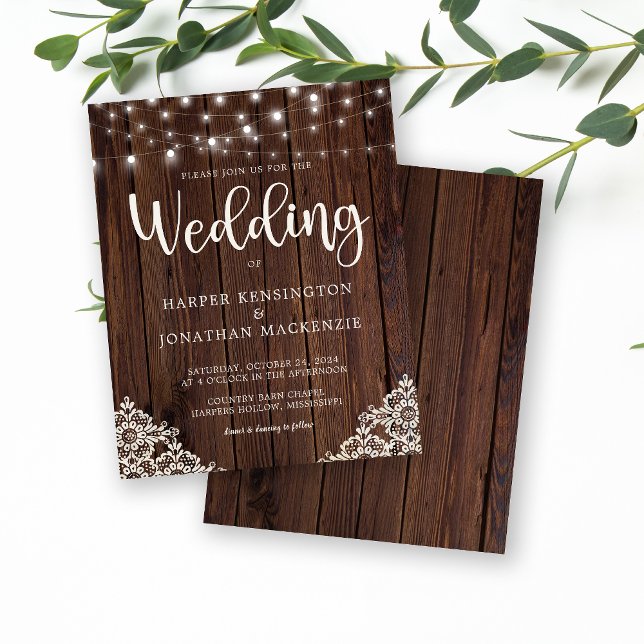 Budget Rustic Wood Snöre String Ljus Bröllop (Rustic Wood Lace and String Lights Budget Wedding Invitation)