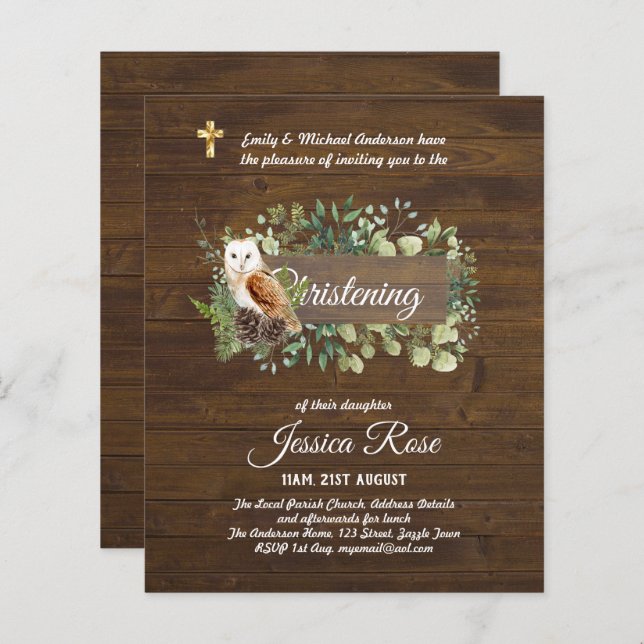 BUDGET Rustic Woodland Christening Inbjudan Baptis (Fram/baksida)