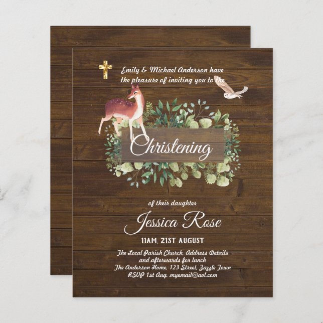 BUDGET Rustic Woodland Christening Inbjudan Baptis (Fram/baksida)