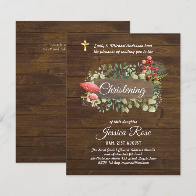 BUDGET Rustic Woodland Christening Inbjudan Baptis (Fram/baksida)