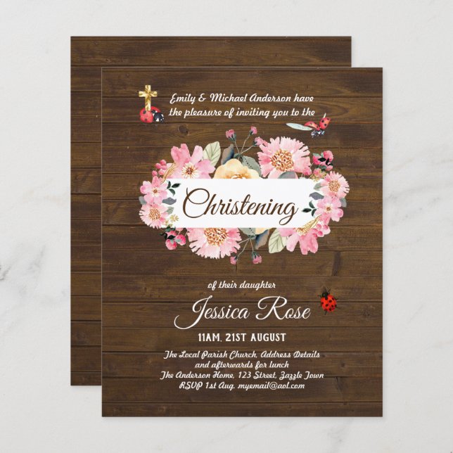 BUDGET Rustic Woodland Christening Inbjudan Baptis (Fram/baksida)