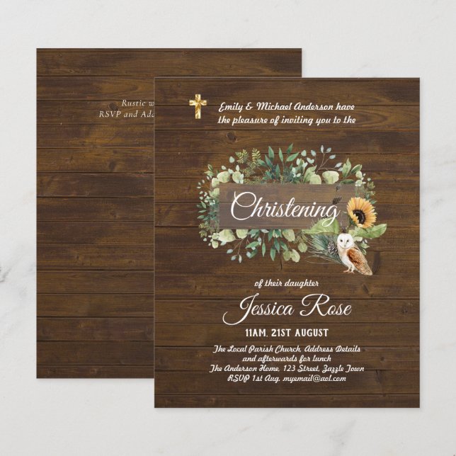 BUDGET Rustic Woodland Christening Inbjudan Baptis (Fram/baksida)