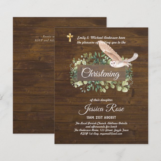 BUDGET Rustic Woodland Christening Inbjudan Baptis (Fram/baksida)