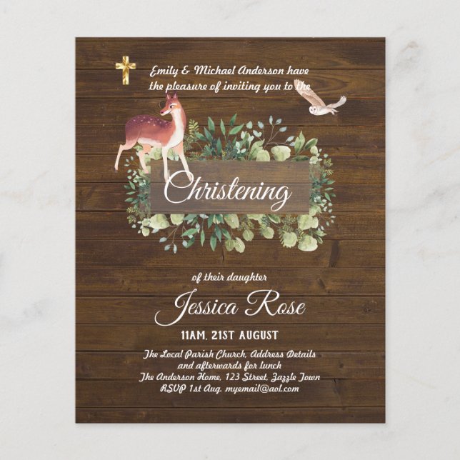 BUDGET Rustic Woodland Christening Inbjudan Baptis Flygblad (Framsidan)