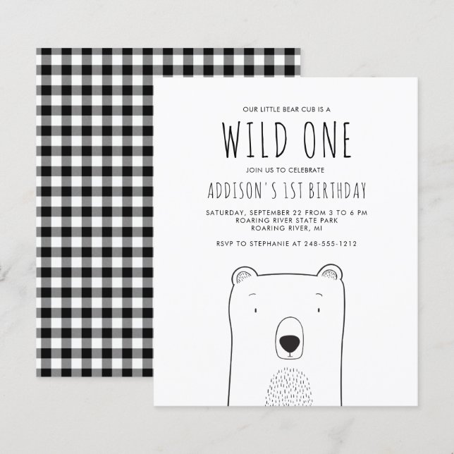 Budget Rustik Björn Wild One 1-års inbjudan (Fram/baksida)