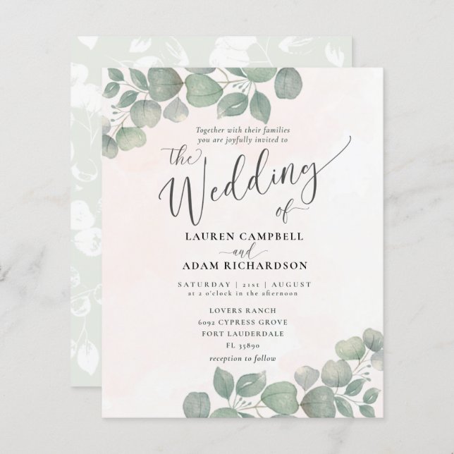 Budget Rustik Eucalyptus Watercolor Grönt Coral (Fram/baksida)