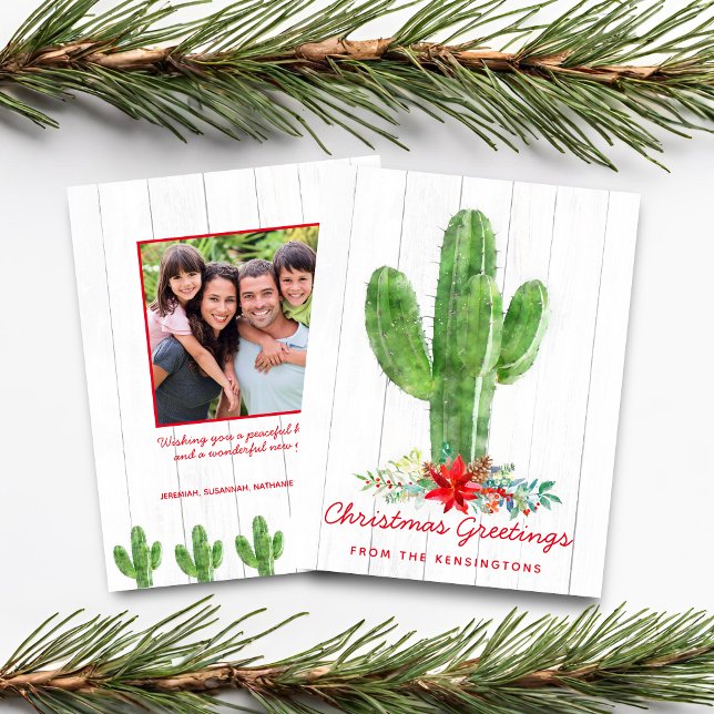 Budget Rustik Julkaktus Trä Holiday Foto (Budget Rustic Christmas Cactus Wood Holiday Photo Card)