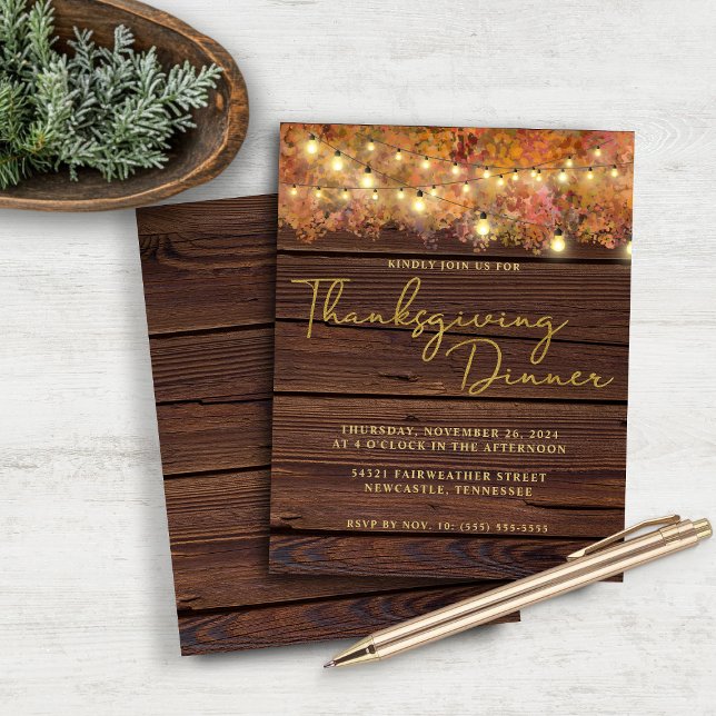 Budget Rustik Julstrimma för Tacksgiving Trä (Budget Rustic Thanksgiving String Lights Wood Dinner Invitation)