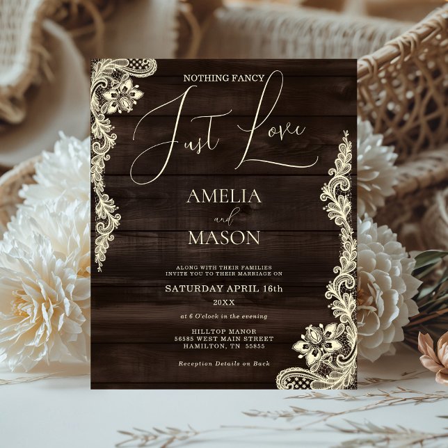 Budget Rustik Trä Bröllopsinbjudan Allt-i-Allt-En (Budget Rustic All in One Wood  and Lace Nothing Fancy Just Love Wedding Invitation)