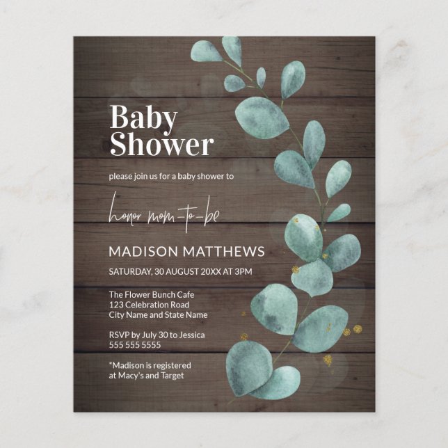 Budget Rustik Trä Eukalyptus Grönska Bebis Shower (Framsida)