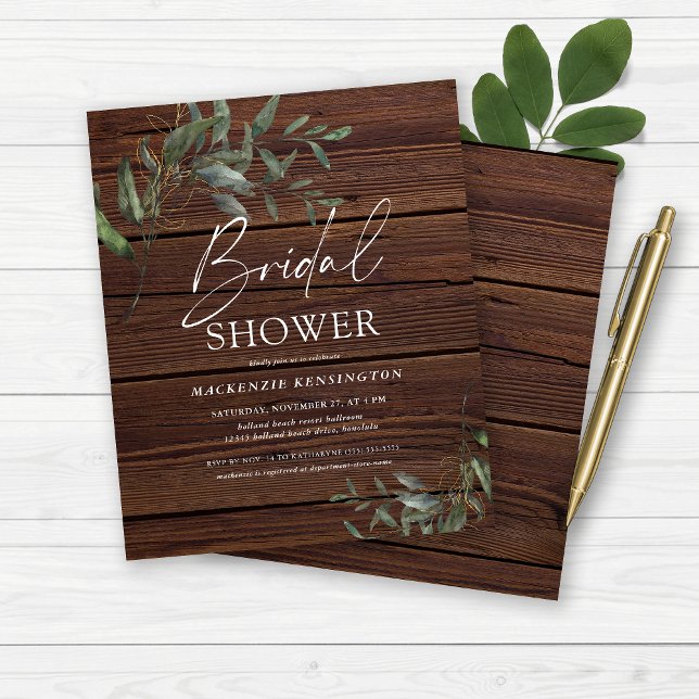 Budget Rustik Trä Eukalyptus Guld Bröllopsdusch (Budget Rustic Wood Eucalyptus Gold Bridal Shower Invitation)