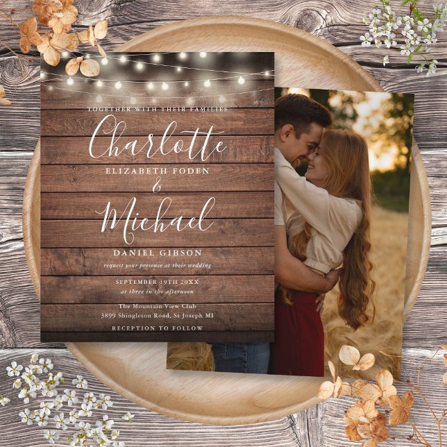 Budget Rustika Ljus Foto Bröllopsinbjudan (Budget Rustic Lights Photo Wedding Invitation)