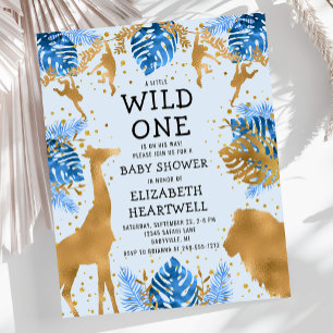 Budget Safari Blue Gold Pojke Bebis Shower Inbjuda