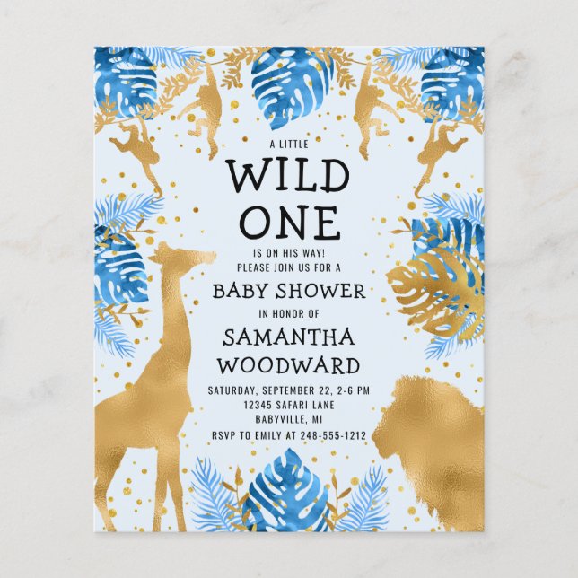 Budget Safari Blue Guld Boy Baby Shower-inbjudan (Framsida)