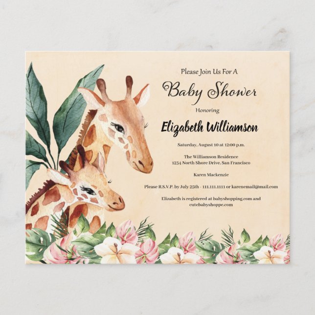 Budget Safari Giraffe Djur Baby Shower Flygblad (Framsidan)