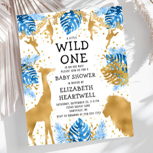 Budget Safari Pojke Baby Shower Blå Guld Inbjudan