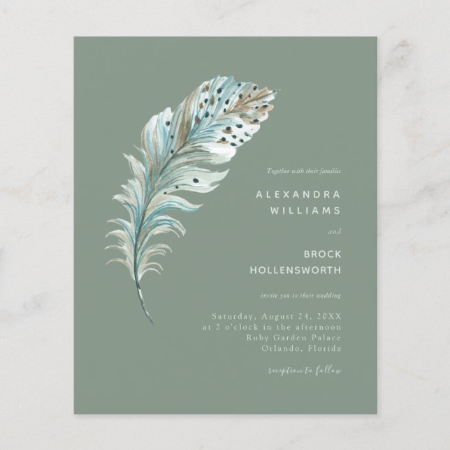 Budget Sage Boho Feather Minimal Wedding bjudande  (Framsida)