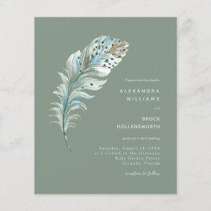 Budget Sage Boho Feather Minimal Wedding bjudande