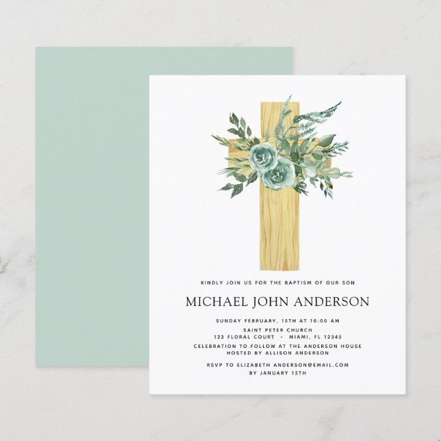 Budget Sage Eucalyptus Baptism Grey-inbjudan (Fram/baksida)