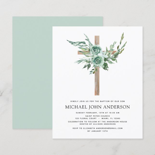 Budget Sage Eucalyptus Baptism Grey-inbjudan (Fram/baksida)