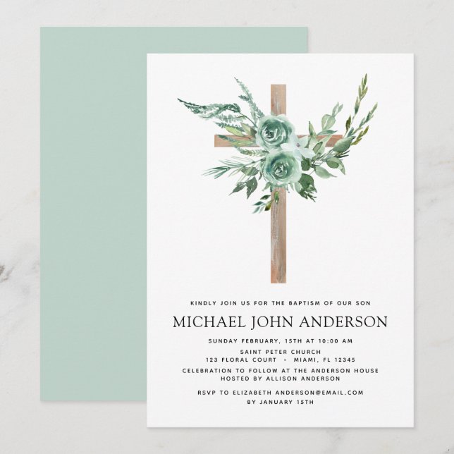 Budget Sage Eucalyptus Baptism Grey-inbjudan Inbjudningar (Fram/baksida)