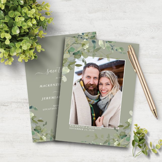 Budget Sage Eucalyptus Bröllopsfoto Spara datumet (Budget Sage Eucalyptus Wedding Photo Save the Date Cards)
