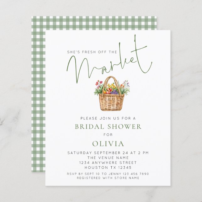 Budget Sage Gingham She’s off Market Bridal Shower (Fram/baksida)