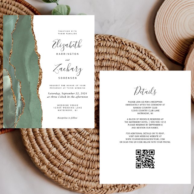 Budget Sage Green Gold Agate QR Code Wedding (Skapare uppladdad)