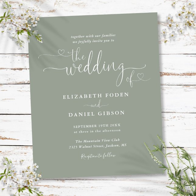 Budget Sage Green Hearts Script Bröllopsinbjudan (Budget Sage Green Hearts Script Wedding Invite)