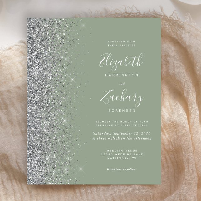 Budget Sage Green Silver Glitter Bröllopsinbjudan (Skapare uppladdad)