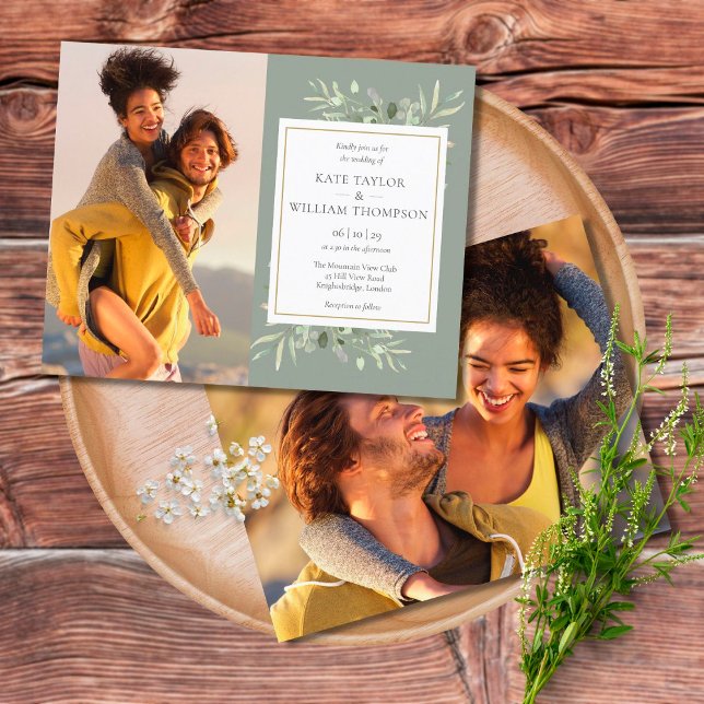 Budget Sage Greenery Photos Wedding-inbjudan (Skapare uppladdad)