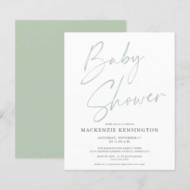 Budget Sage Grön Handskriven Skript Baby Shower (Fram/baksida)
