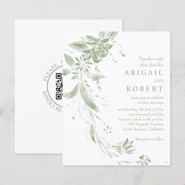 BUDGET Sage grönt blommigt bröllopsinbjudan (Fram/baksida)