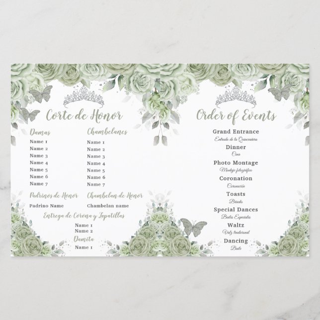 Budget Sage Grönt Blommigt Quinceañera XV Program (Baksida)