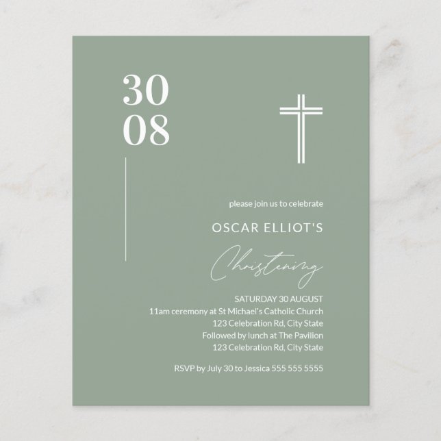 Budget Sage Grönt Minimalist Christening Inbjudan (Framsida)