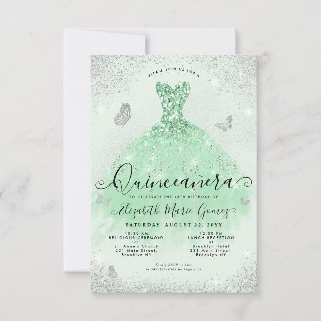 Budget Sage Grönt Silver Glitter Gown Quinceanera Anteckningskort (Framsida)