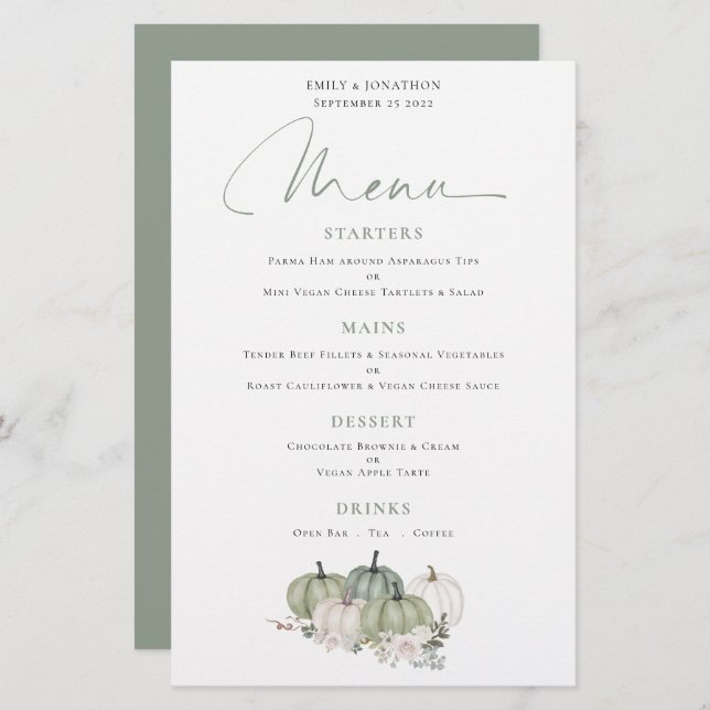 Budget Sage Pumpkins Fall Blommigts Bröllop Menu (Fram/baksida)