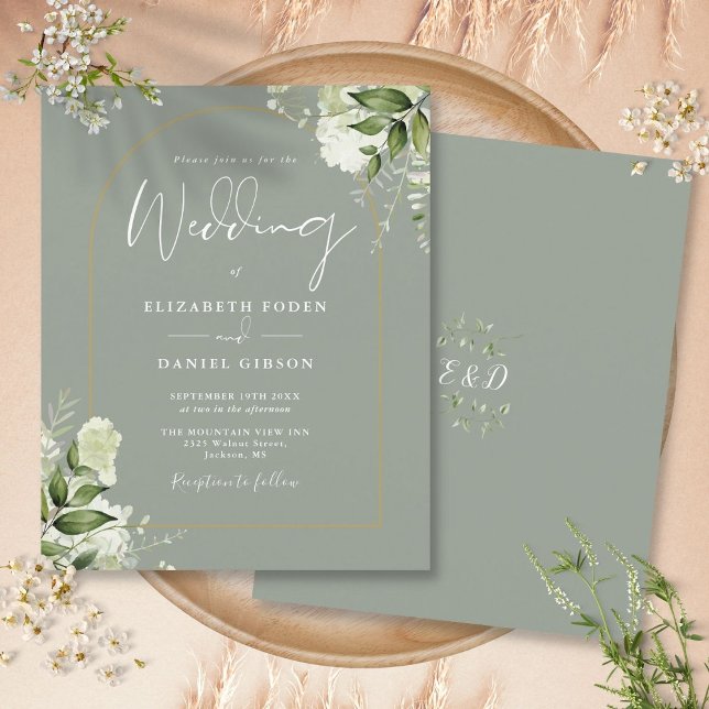 Budget Sagegrön Blommig Guld Båge Bröllopsinbjudan (Budget Sage Green Floral Gold Arch Wedding Invite)