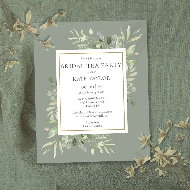 Budget Sagegrön lövbröllopste-fest-inbjudan (Budget Sage Green Foliage Bridal Tea Party Invite)