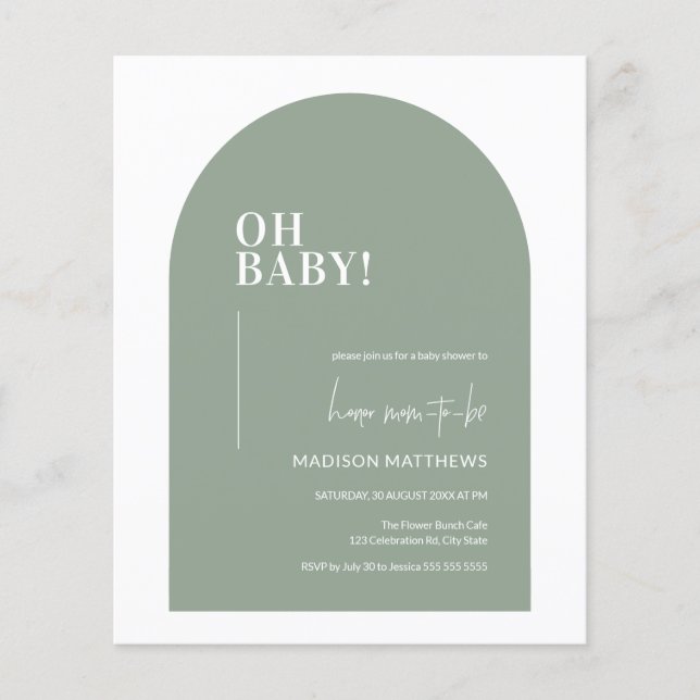 Budget Sagegrön Minimal Båge Oh Baby Shower (Framsida)