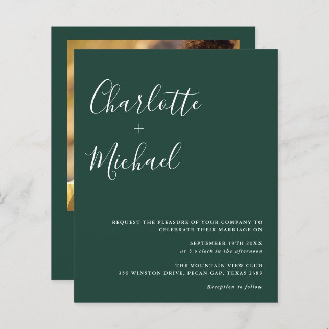 Budget Script Emerald Foto Bröllopsinbjudan (Fram/baksida)