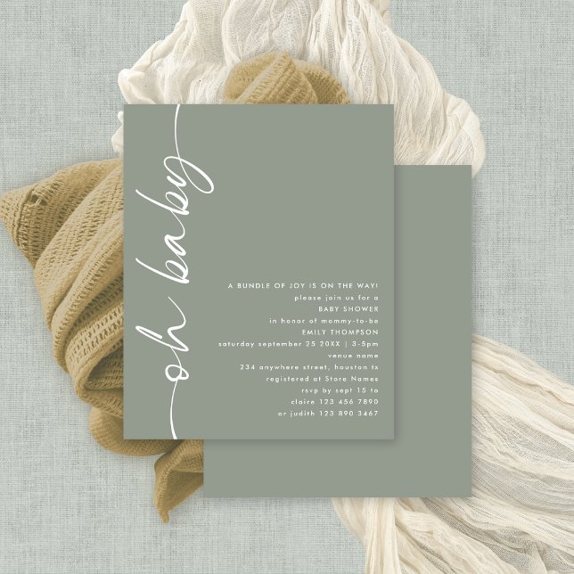 Budget Script Girl eller Boy Sage Oh Baby Shower (Budget priced smaller 4.5 x 5.6" alternative. There is ONE per sheet)