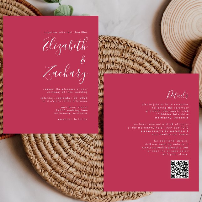Budget Script Magenta QR-kod Bröllopsinbjudan (Skapare uppladdad)