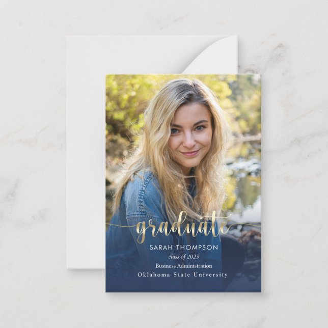 Budget Script Navy Blue Photo Collage Studenten Anteckningskort (Framsida)