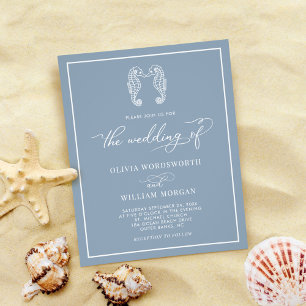 Budget Seahorse Dusty Blue Beach Wedding Inbjudan Flygblad