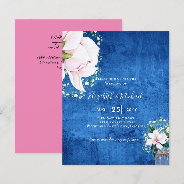BUDGET Shabby Rosa Magnolia Chic Bröllbjudan (Fram/baksida)